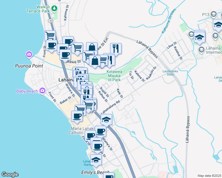 map of restaurants, bars, coffee shops, grocery stores, and more near 393 Paeohi Street in Lahaina