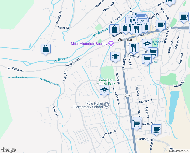 map of restaurants, bars, coffee shops, grocery stores, and more near 394 Puaehu Street in Wailuku