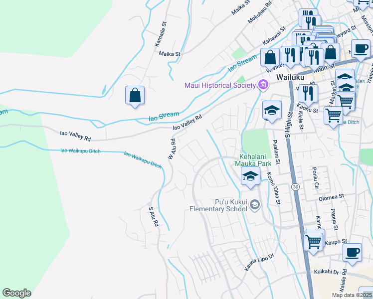 map of restaurants, bars, coffee shops, grocery stores, and more near 139 Naulu Street in Wailuku
