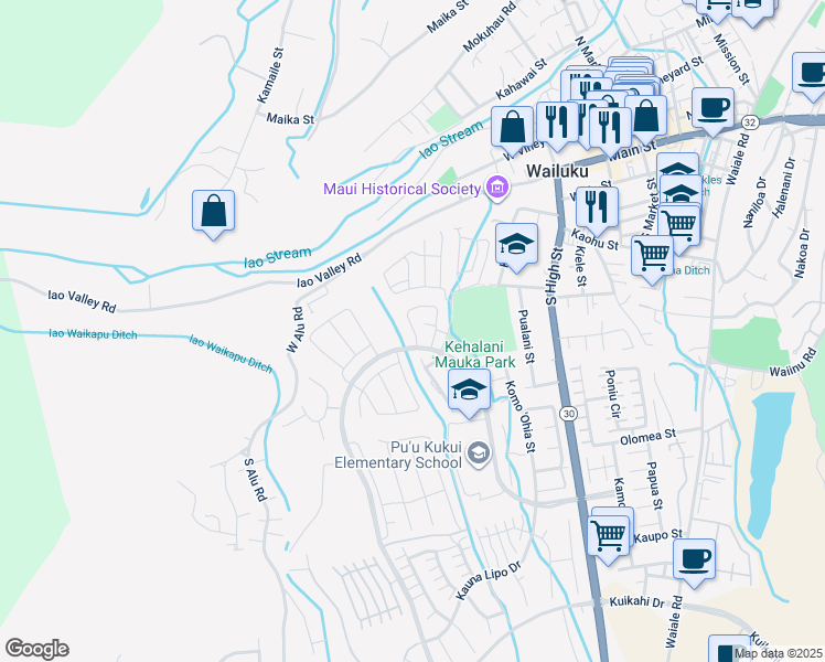 map of restaurants, bars, coffee shops, grocery stores, and more near 158 Puaehu Street in Wailuku