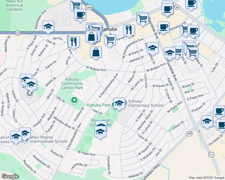 map of restaurants, bars, coffee shops, grocery stores, and more near 348 Molokai Hema Street in Kahului