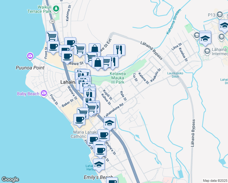 map of restaurants, bars, coffee shops, grocery stores, and more near 393 Paeohi Street in Lahaina