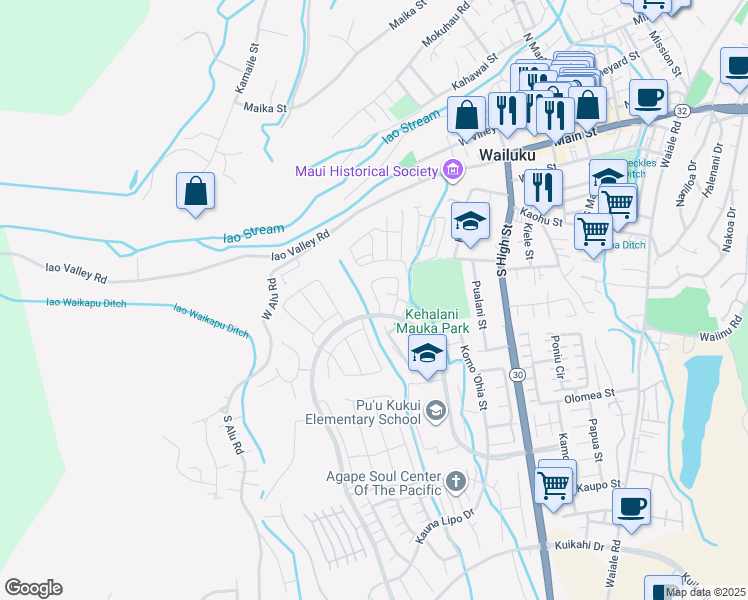 map of restaurants, bars, coffee shops, grocery stores, and more near 175 Puaehu Street in Wailuku
