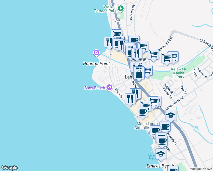 map of restaurants, bars, coffee shops, grocery stores, and more near 45 Kai Pali Place in Lahaina