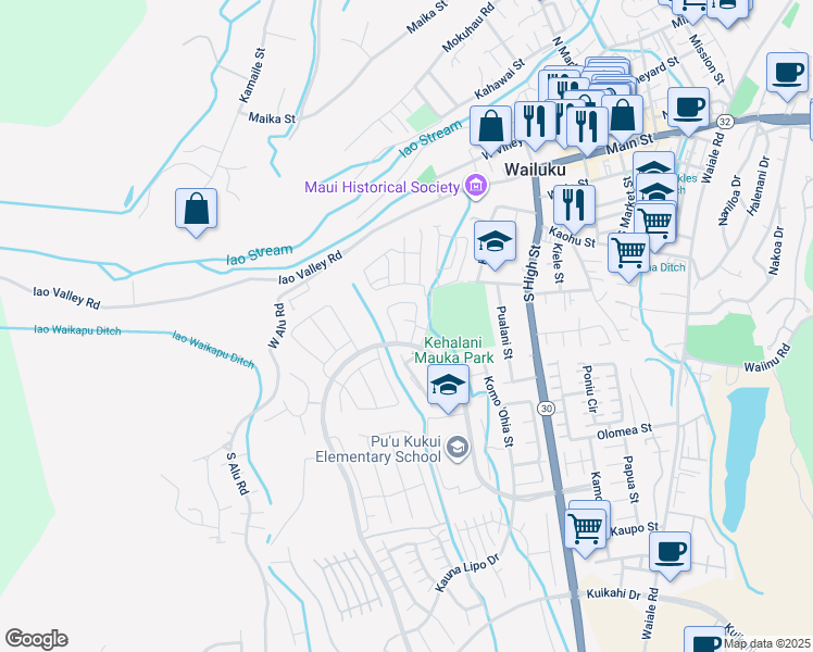 map of restaurants, bars, coffee shops, grocery stores, and more near 394 Puaehu Street in Wailuku