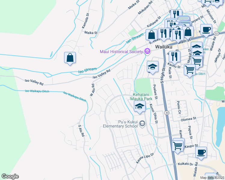 map of restaurants, bars, coffee shops, grocery stores, and more near 120 Kili'o'opu Street in Wailuku