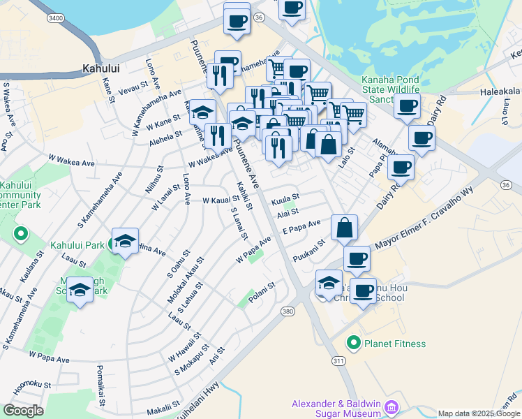 map of restaurants, bars, coffee shops, grocery stores, and more near 398 Puunene Avenue in Kahului