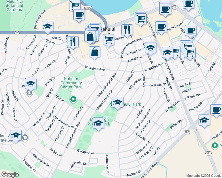 map of restaurants, bars, coffee shops, grocery stores, and more near 348 Molokai Hema Street in Kahului
