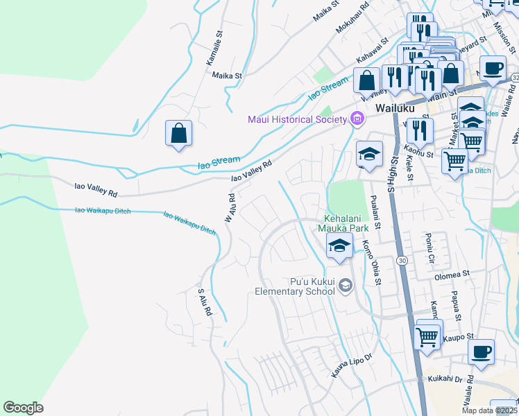 map of restaurants, bars, coffee shops, grocery stores, and more near 128 Naulu Street in Wailuku
