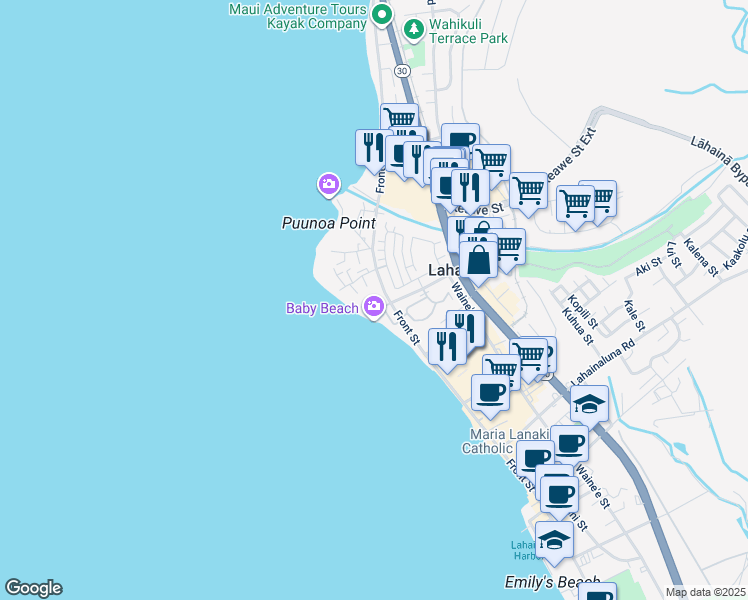 map of restaurants, bars, coffee shops, grocery stores, and more near 36 Kai Pali Place in Lahaina