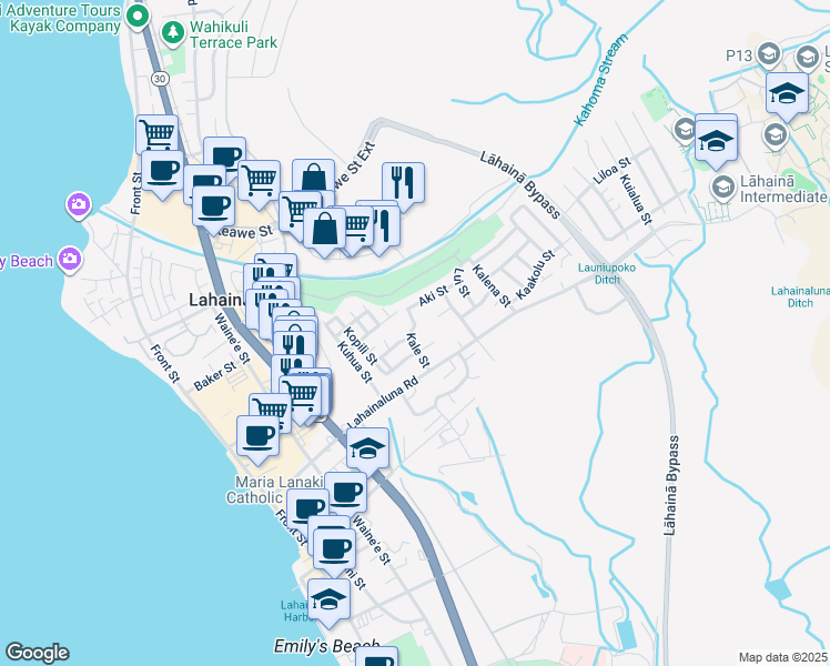 map of restaurants, bars, coffee shops, grocery stores, and more near 860 Kale Street in Lahaina