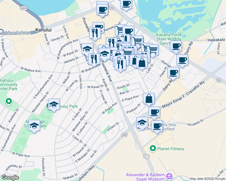 map of restaurants, bars, coffee shops, grocery stores, and more near 398 Puunene Avenue in Kahului