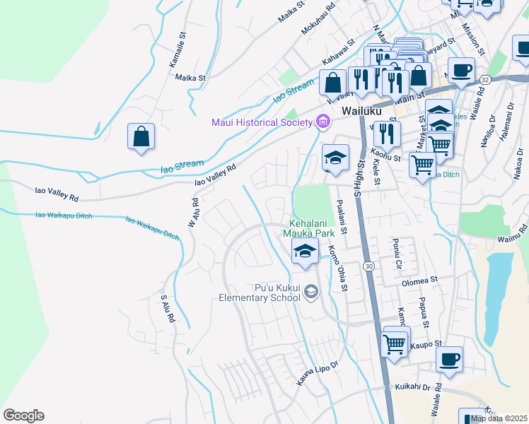 map of restaurants, bars, coffee shops, grocery stores, and more near 161 Puaehu Street in Wailuku