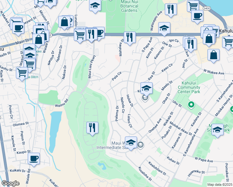 map of restaurants, bars, coffee shops, grocery stores, and more near 289 Palama Drive in Kahului