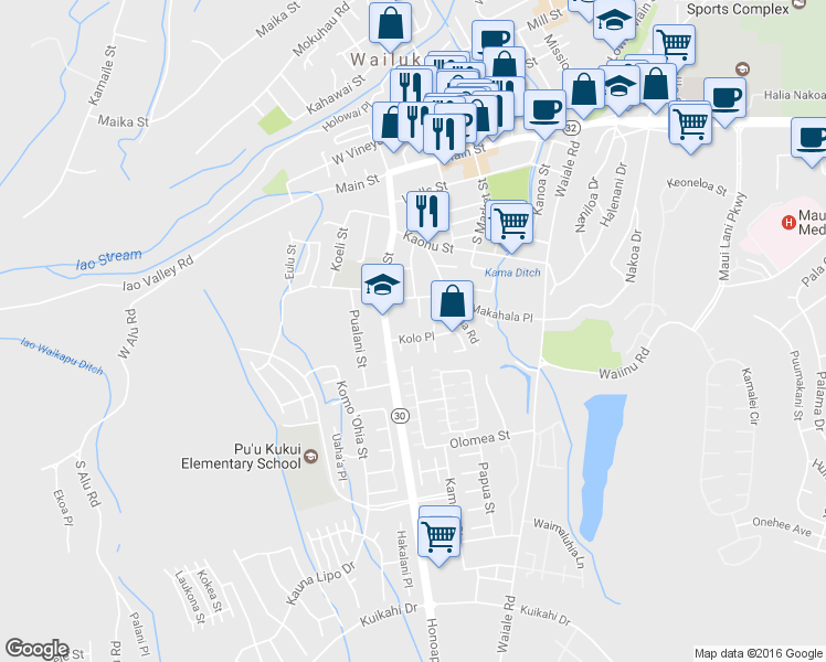map of restaurants, bars, coffee shops, grocery stores, and more near 2138 Kolo Place in Wailuku