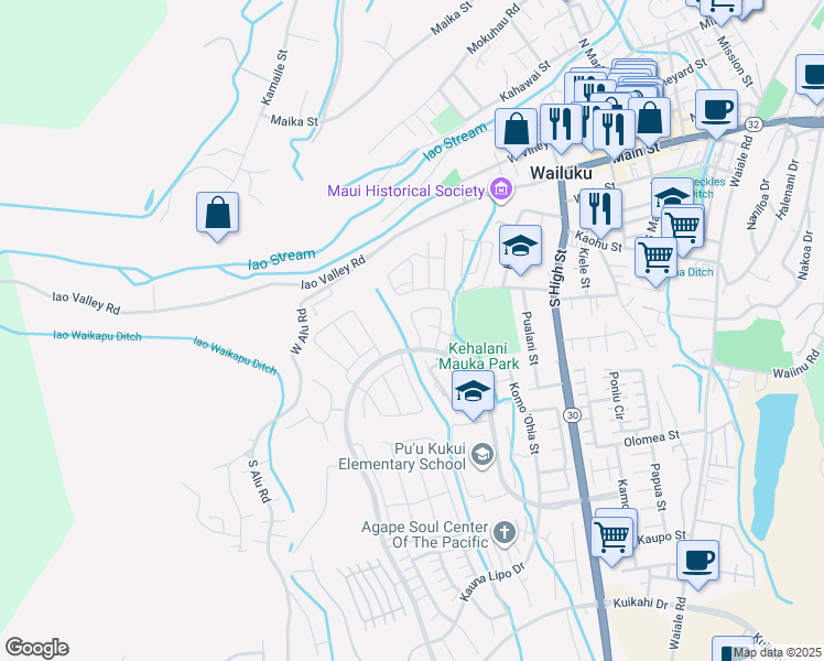 map of restaurants, bars, coffee shops, grocery stores, and more near 187 Puaehu Street in Wailuku