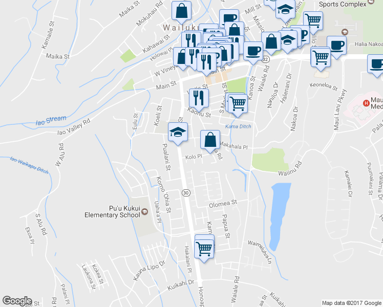 map of restaurants, bars, coffee shops, grocery stores, and more near 2138 Kolo Place in Wailuku