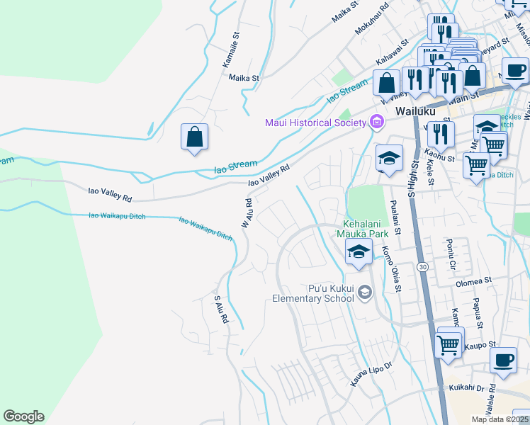 map of restaurants, bars, coffee shops, grocery stores, and more near 139 Naulu Street in Wailuku