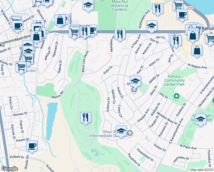 map of restaurants, bars, coffee shops, grocery stores, and more near 289 Palama Drive in Kahului