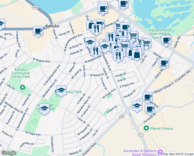 map of restaurants, bars, coffee shops, grocery stores, and more near 357 Kahoolawe Street in Kahului
