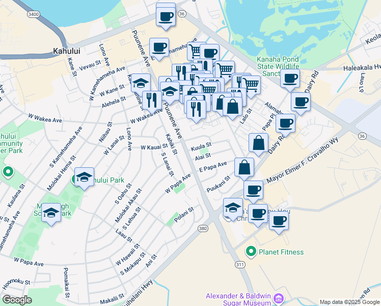 map of restaurants, bars, coffee shops, grocery stores, and more near 401 South Puunene Avenue in Kahului