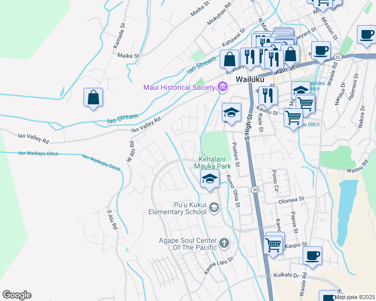 map of restaurants, bars, coffee shops, grocery stores, and more near Po`ouli Street in Wailuku