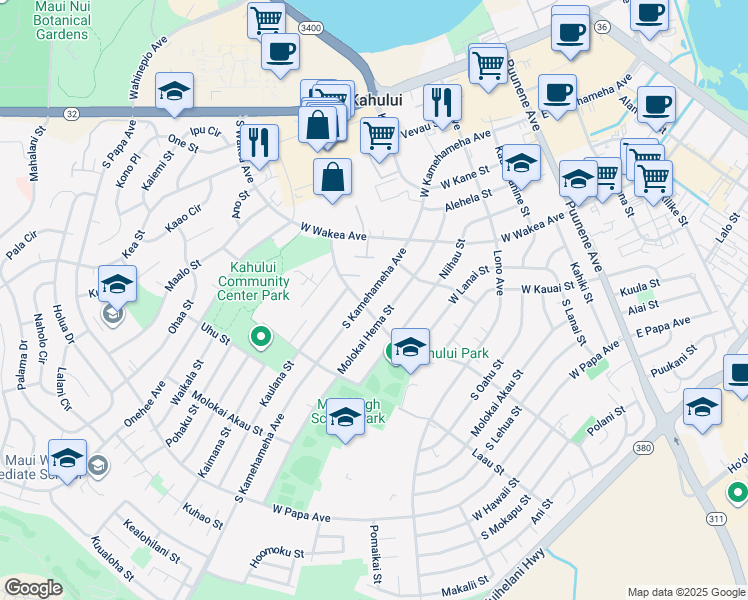 map of restaurants, bars, coffee shops, grocery stores, and more near 401 South Kamehameha Avenue in Kahului
