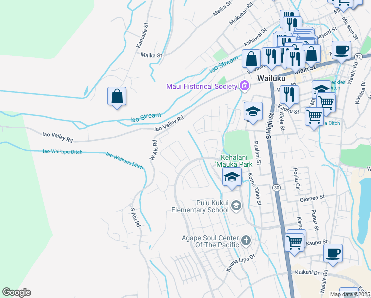 map of restaurants, bars, coffee shops, grocery stores, and more near 137 Kili'o'opu Street in Wailuku