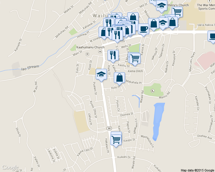map of restaurants, bars, coffee shops, grocery stores, and more near 2144 Kolo Place in Wailuku