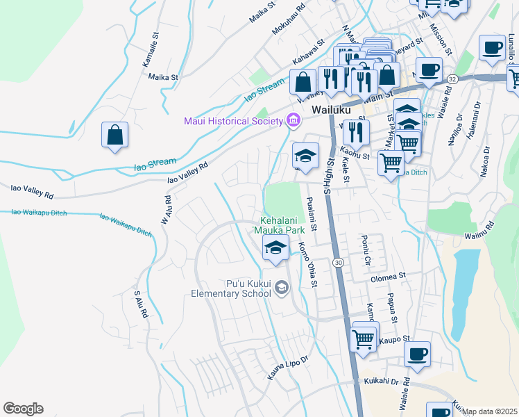 map of restaurants, bars, coffee shops, grocery stores, and more near 393 Puaehu Street in Wailuku
