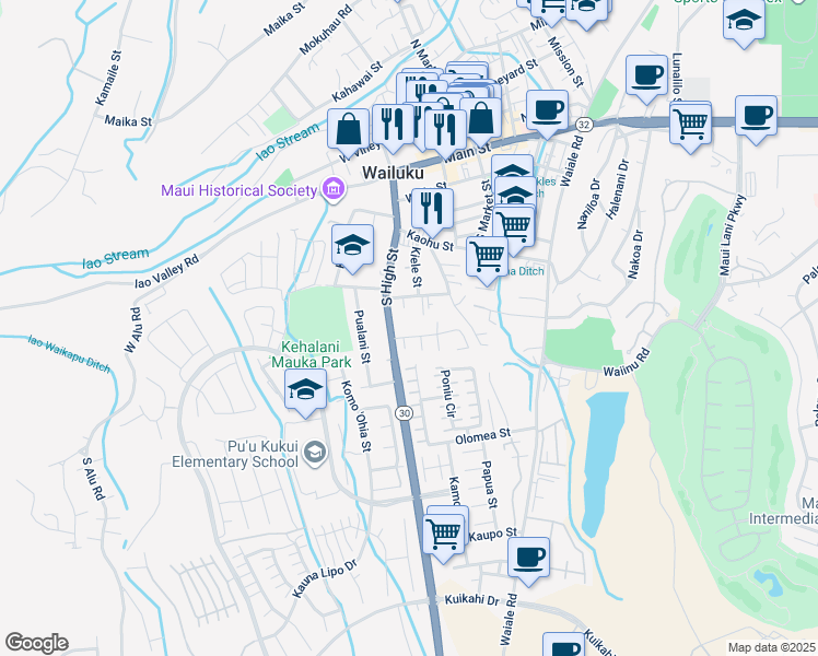 map of restaurants, bars, coffee shops, grocery stores, and more near 2144 Kolo Place in Wailuku
