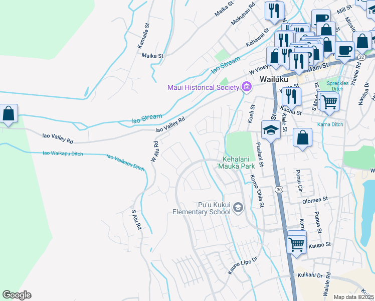 map of restaurants, bars, coffee shops, grocery stores, and more near 124 Kili'o'opu Street in Wailuku