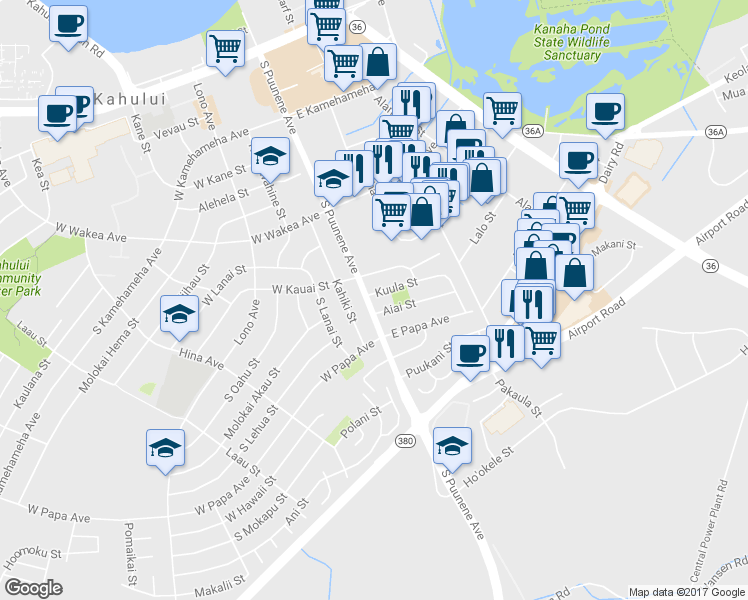 map of restaurants, bars, coffee shops, grocery stores, and more near 401 South Puunene Avenue in Kahului
