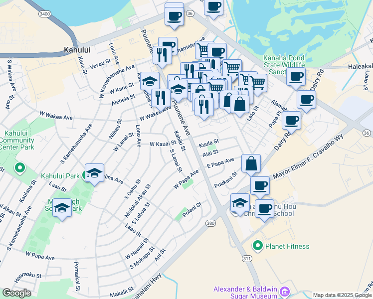 map of restaurants, bars, coffee shops, grocery stores, and more near 381 Kahiki Street in Kahului