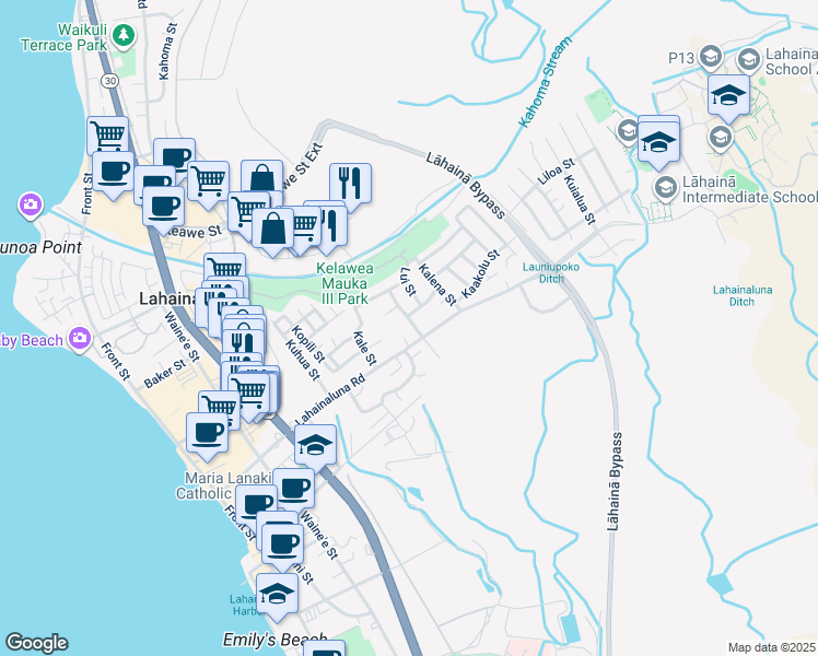 map of restaurants, bars, coffee shops, grocery stores, and more near 819 Kelawea Street in Lahaina