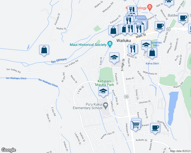 map of restaurants, bars, coffee shops, grocery stores, and more near Puaehu Street in Wailuku