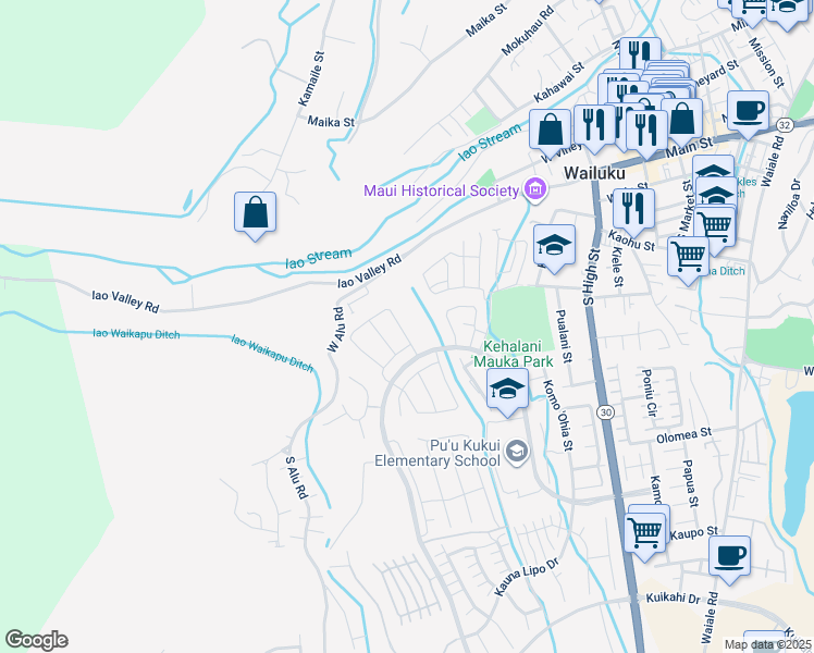 map of restaurants, bars, coffee shops, grocery stores, and more near 124 Kili'o'opu Street in Wailuku
