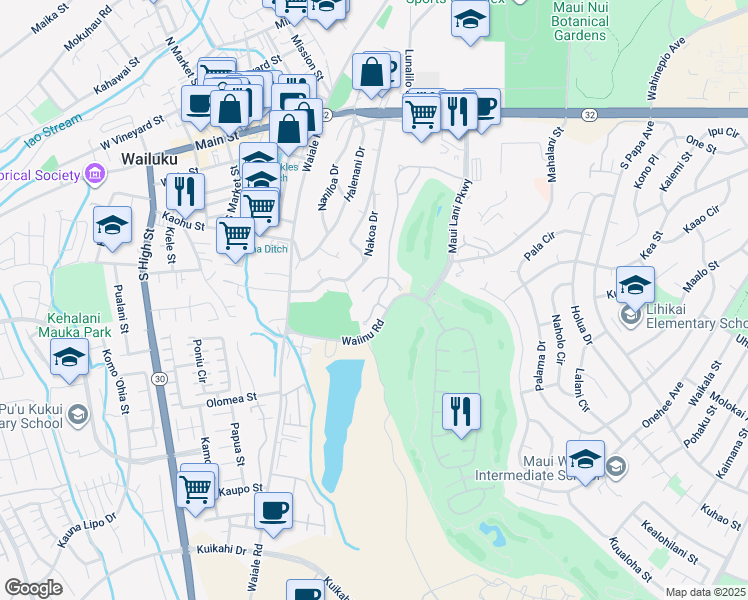 map of restaurants, bars, coffee shops, grocery stores, and more near 182 Keoneloa Street in Wailuku