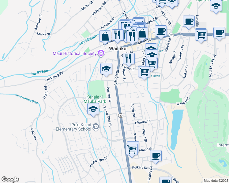 map of restaurants, bars, coffee shops, grocery stores, and more near 425 South High Street in Wailuku