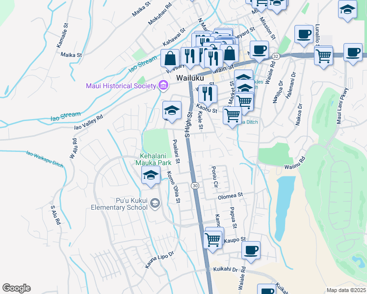 map of restaurants, bars, coffee shops, grocery stores, and more near 425 South High Street in Wailuku