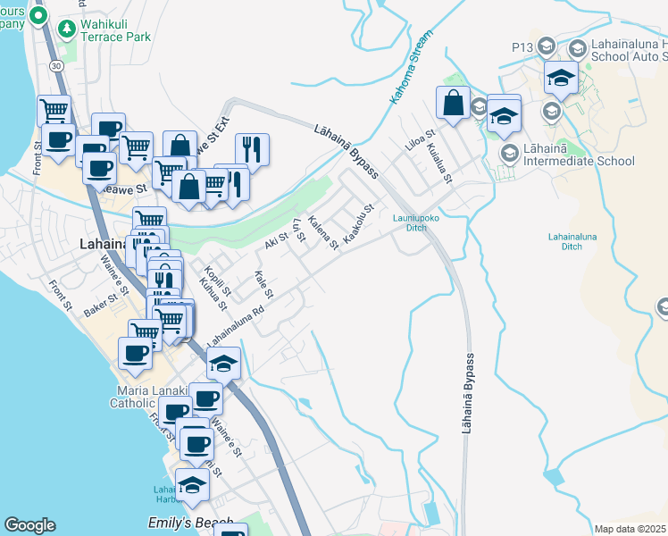 map of restaurants, bars, coffee shops, grocery stores, and more near 536 Lahainaluna Road in Lahaina