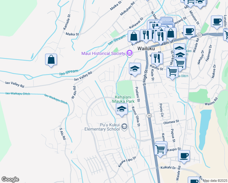 map of restaurants, bars, coffee shops, grocery stores, and more near 393 Puaehu Street in Wailuku