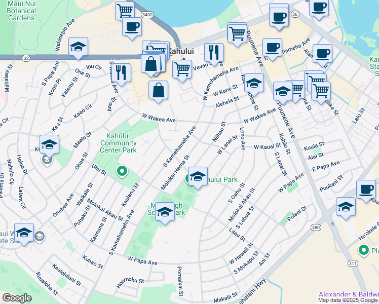 map of restaurants, bars, coffee shops, grocery stores, and more near 340 Molokai Hema Street in Kahului