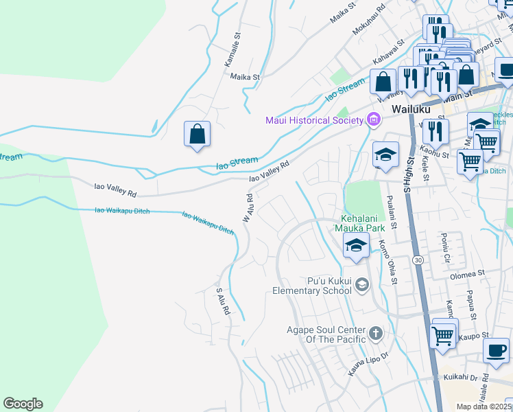 map of restaurants, bars, coffee shops, grocery stores, and more near 208 Kili'o'opu Street in Wailuku