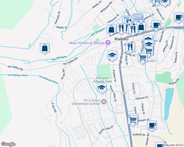 map of restaurants, bars, coffee shops, grocery stores, and more near 380 Puaehu Street in Wailuku