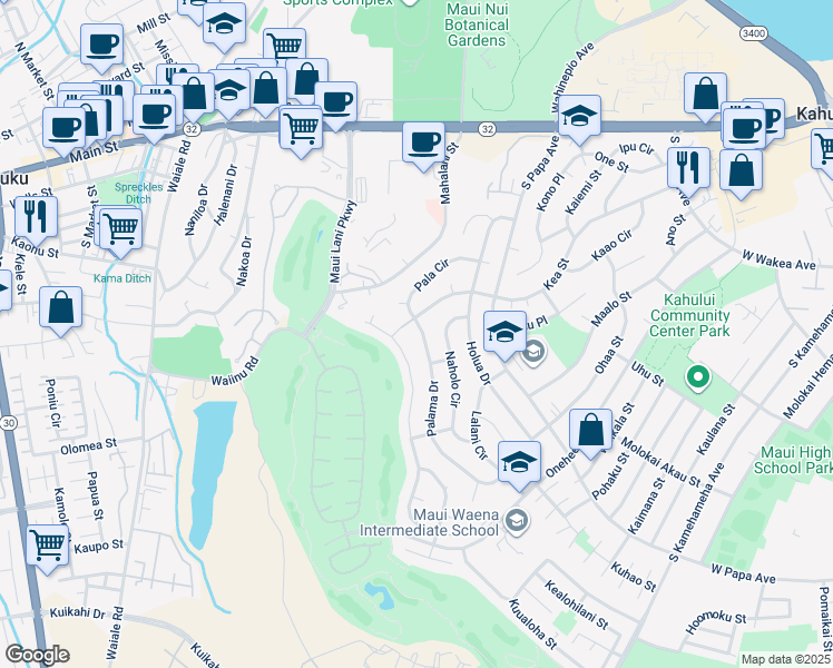 map of restaurants, bars, coffee shops, grocery stores, and more near 280 Palama Drive in Kahului