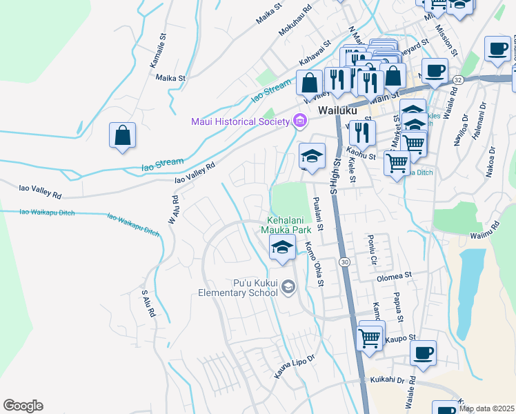 map of restaurants, bars, coffee shops, grocery stores, and more near 380 Puaehu Street in Wailuku
