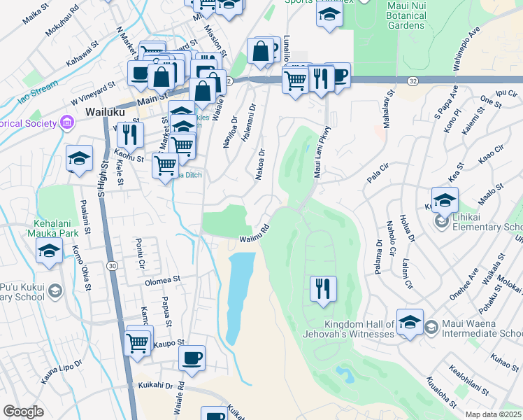 map of restaurants, bars, coffee shops, grocery stores, and more near 182 Keoneloa Street in Wailuku