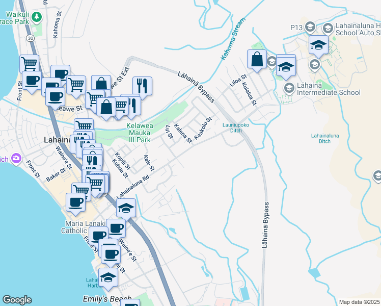 map of restaurants, bars, coffee shops, grocery stores, and more near 536 A Lahainaluna Road in Lahaina