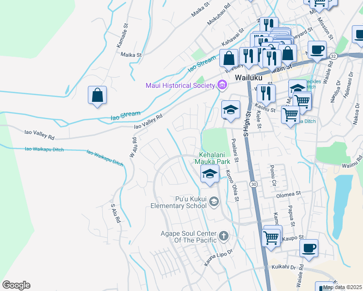 map of restaurants, bars, coffee shops, grocery stores, and more near 175 Puaehu Street in Wailuku